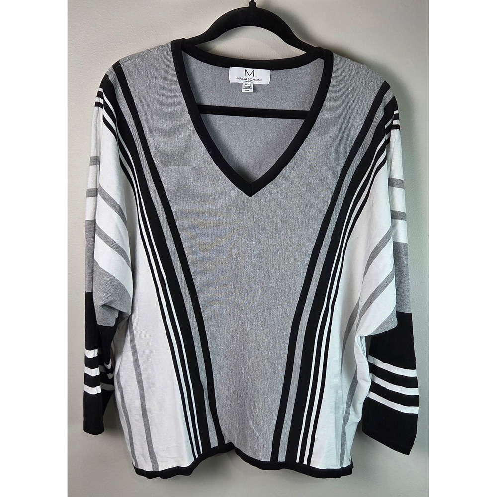 Magaschoni V-Neck Sweater Womens 1X Grey Black White Excellent Dolman Striped